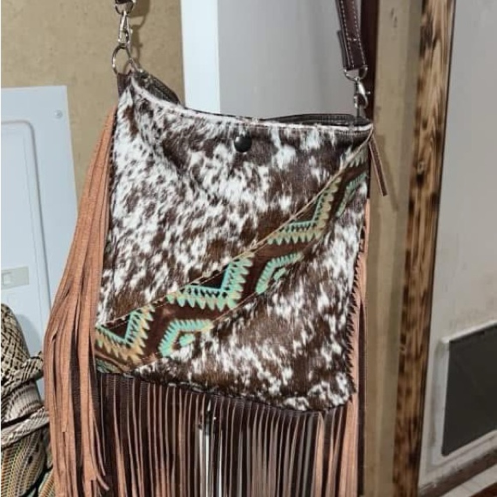 Brown and Tan Crossbody Bag with Fringe and Cowhide Pattern